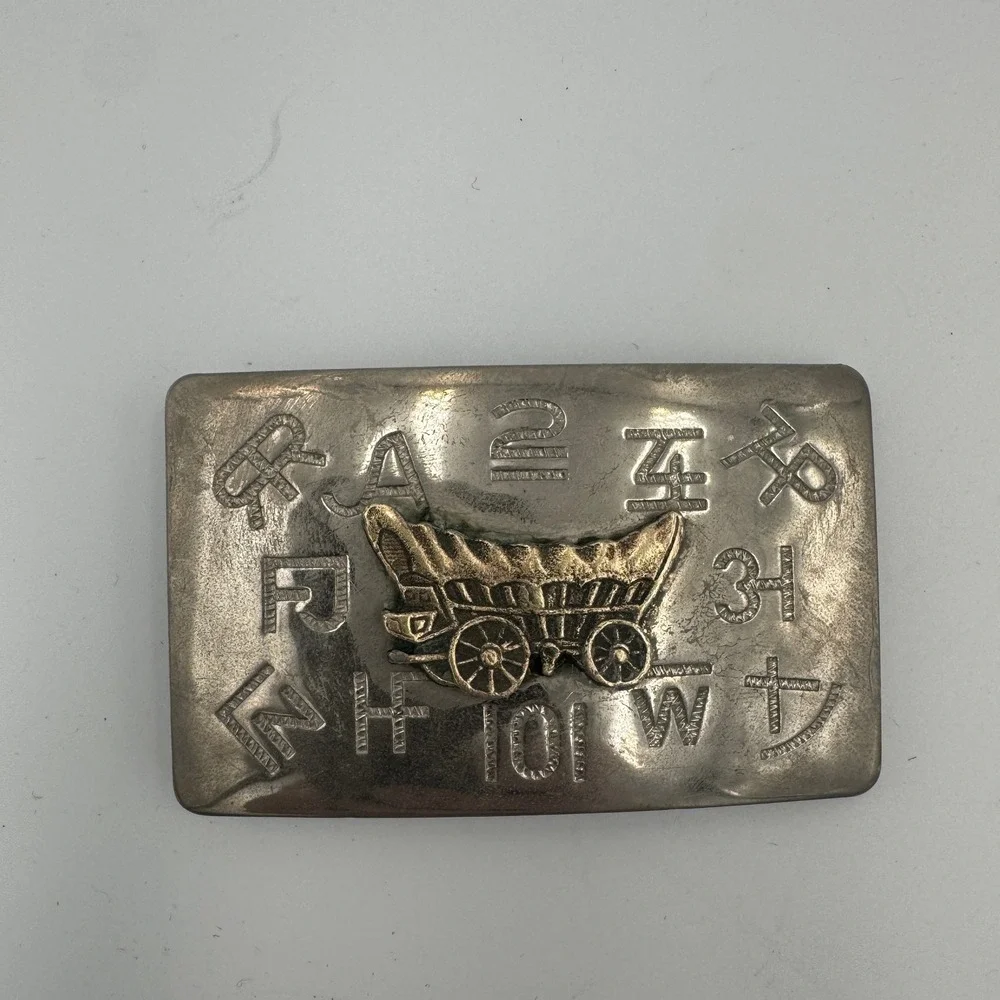 Vintage Western Covered‎ Wagon Cattle Brand Belt Buckle Silver Tone 3x2 Inch